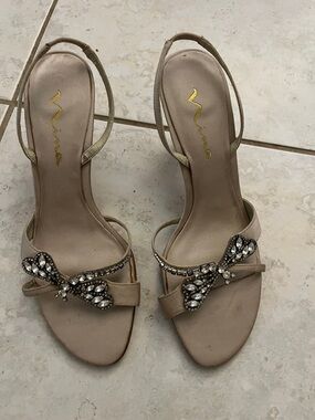 Nina Champagne Beige Crystal Bow Slingback Heels